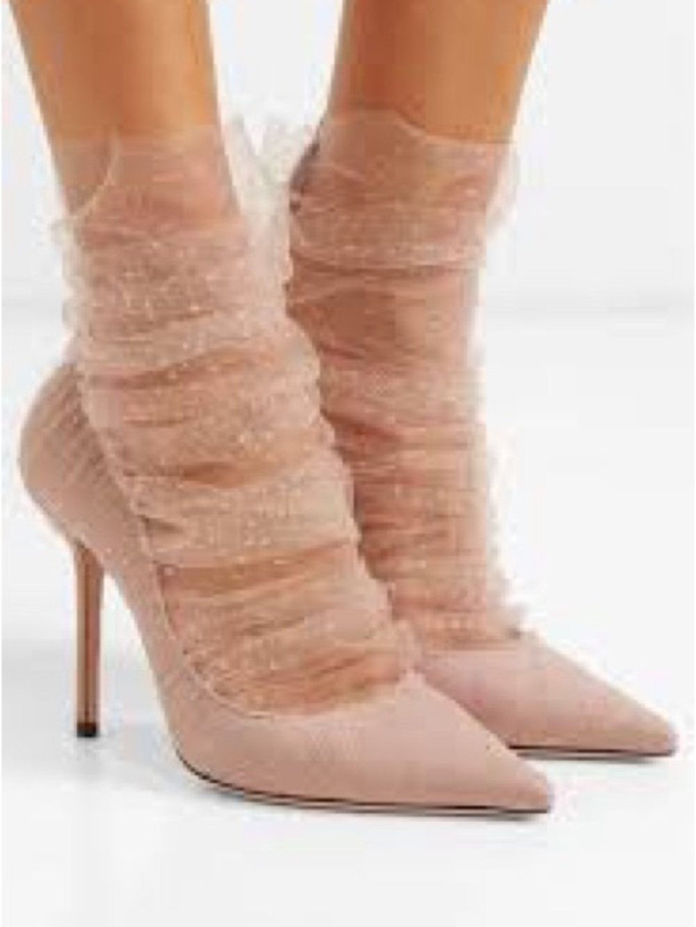 Elegant Jimmy Choo Nude Pointed-Toe Stiletto Heels with Sheer Ruffle Socks